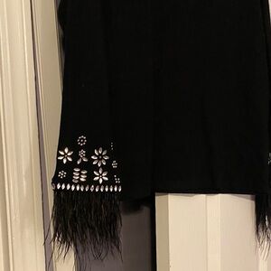 Embellished Black Top with Feather Trim